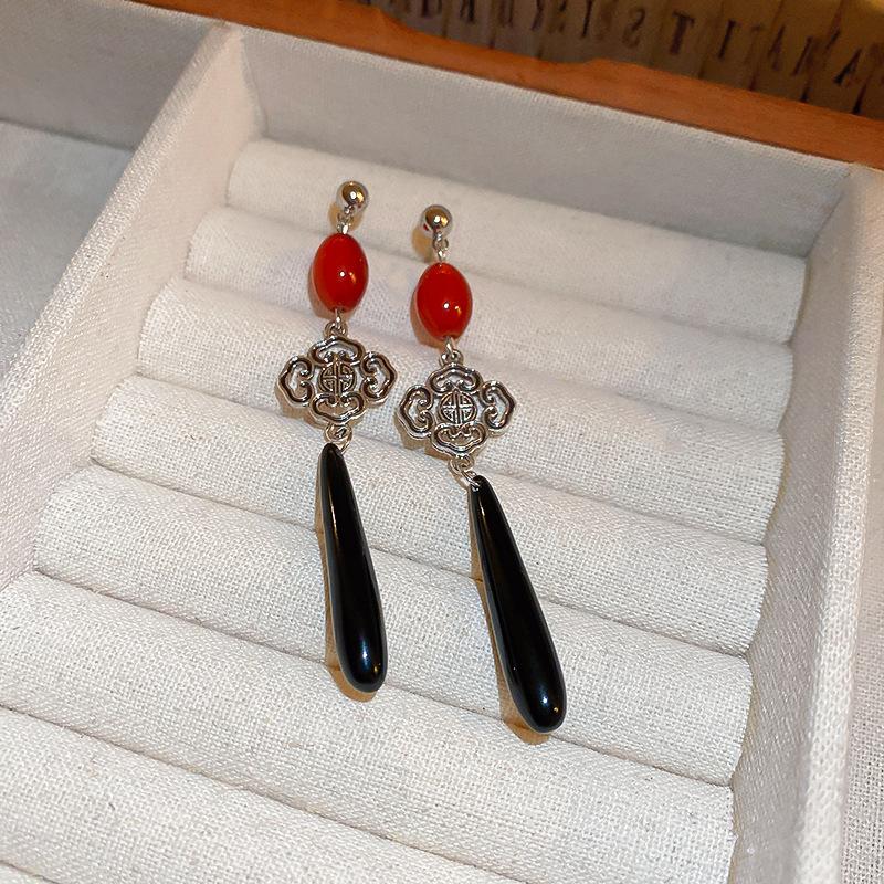 Neo-chinesische Wassertropfen-Achat-Quasten-Ohrhänger für Damen Vintage Nationaler Trend Persönlichkeitsohrring 2024 Trend