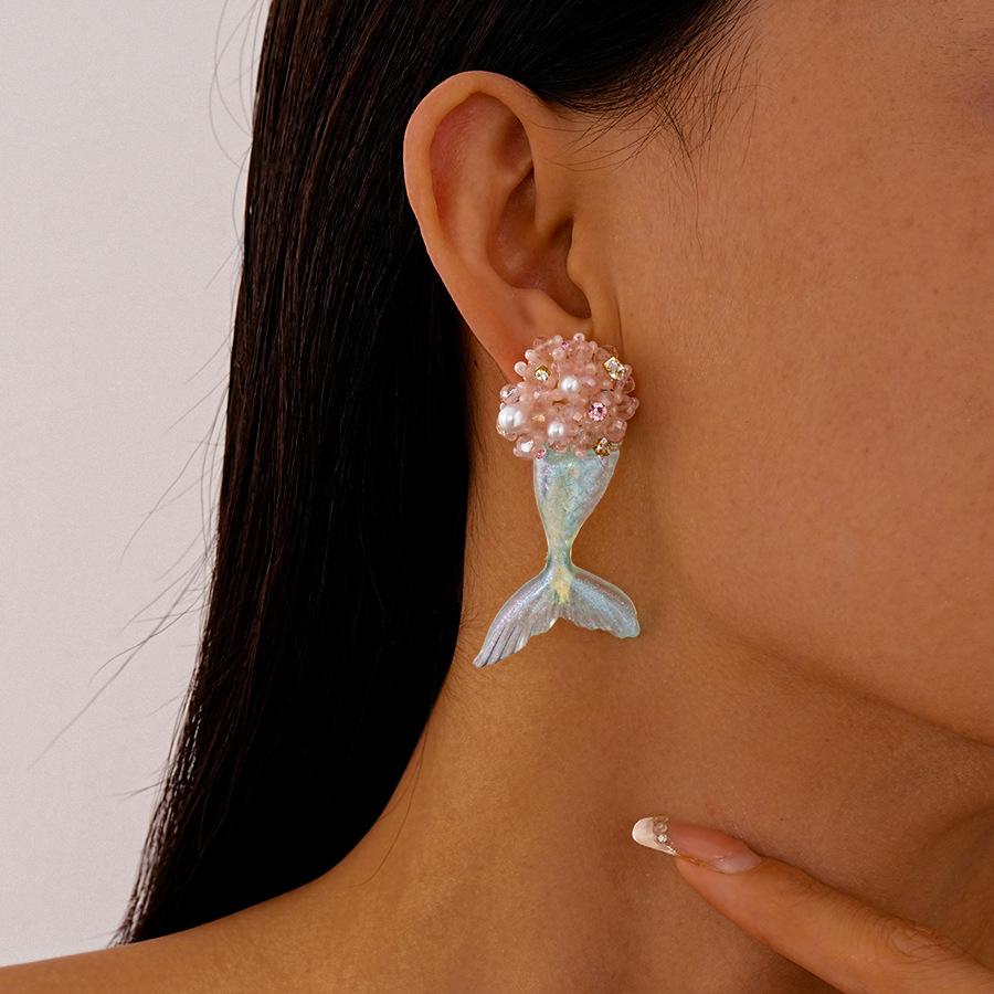 Summer less fresh resin flower cluster human fish tail silver needle earrings cute simple niche earrings