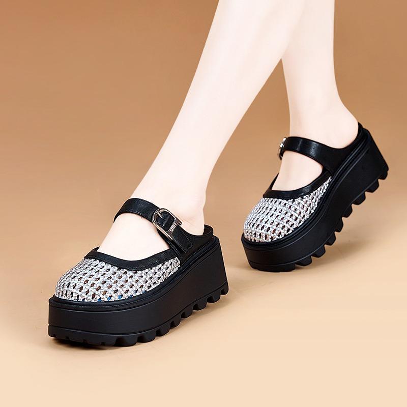 Muffin Bottom Woven Empty White Shoes Women's Bag Head Slippers New Fashionable Thick Sole Height Increase Lazy Pedal