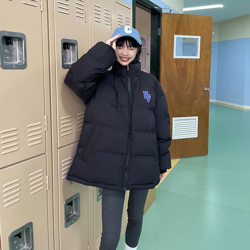 Winter fashion stand-up collar contrast cotton jacket women's short 2025 new letter loose bread jacket padded jacket thickened jacket