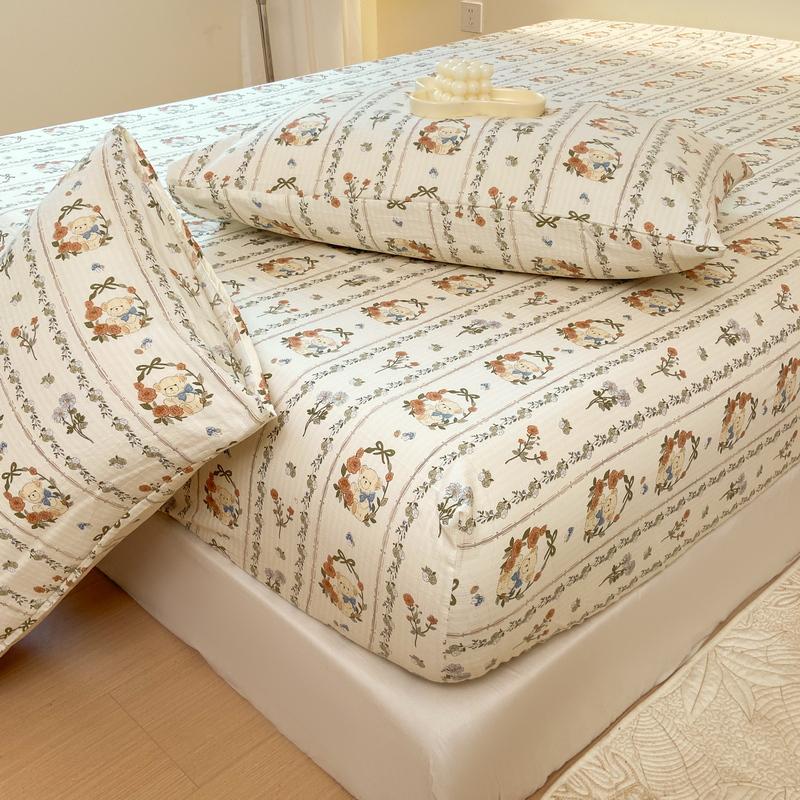 Washed Cotton Bed Sheet Fitted Sheet with Pillowcase Elastic Bands Non Slip Adjustable Mattress Cover for Double King Queen Bed