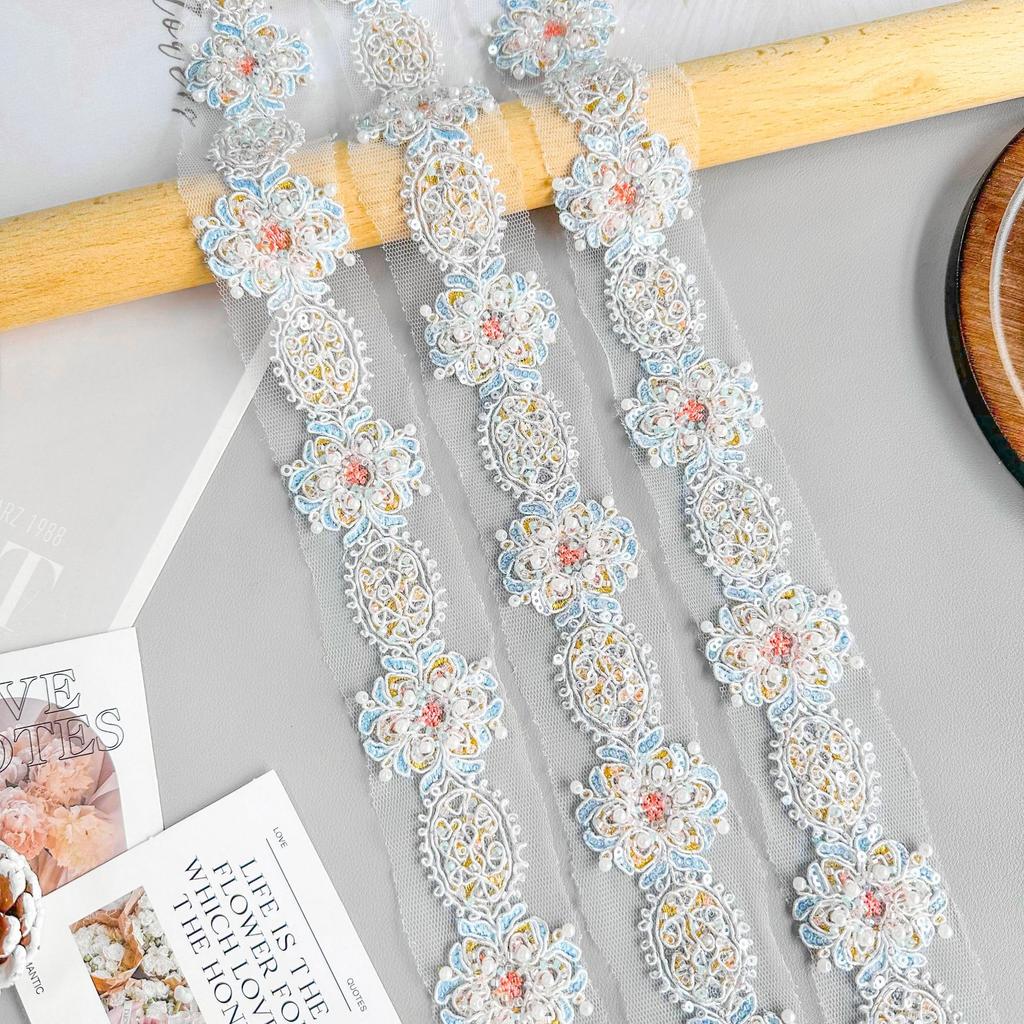 Mesh Hollow Blue Strand Beads Embroidery Barcode Clothing Dress Luggage Skirt Decorative Lace Accessories