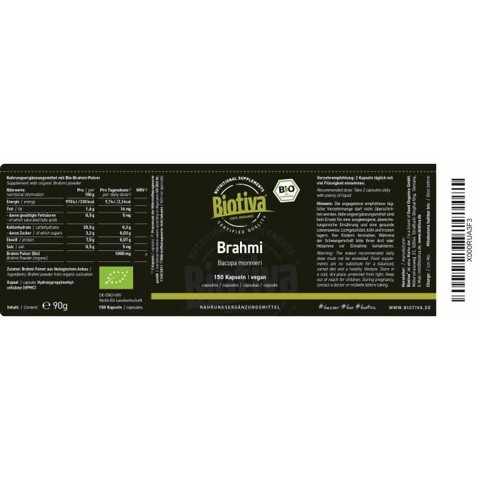 Capsules de brahmi bio - 150 capsules véganes - 500mg par capsule - bacopa monnieri - hysope d’eau - végan - garanti sans additifs