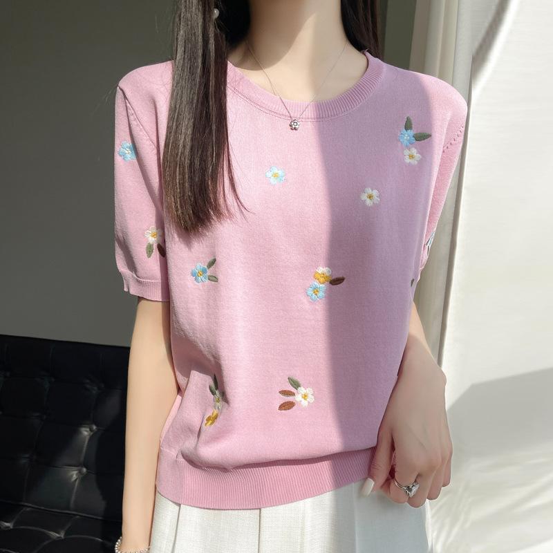 Wornspin Ice Silk Round Neck Embroidered Sweater for Women In Summer New Fashion Embroidered Short-sleeved Loose Embroidered Versatile Top