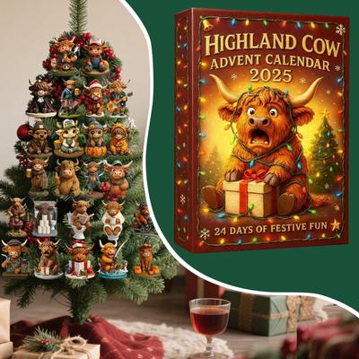 Highland Kuh Adventskalender 2025 mit 24 3D Kuh Ornamenten 24 Tage Weihnachts-Countdown-Kalender Weihnachtsgeschenk für Kuhliebhaber