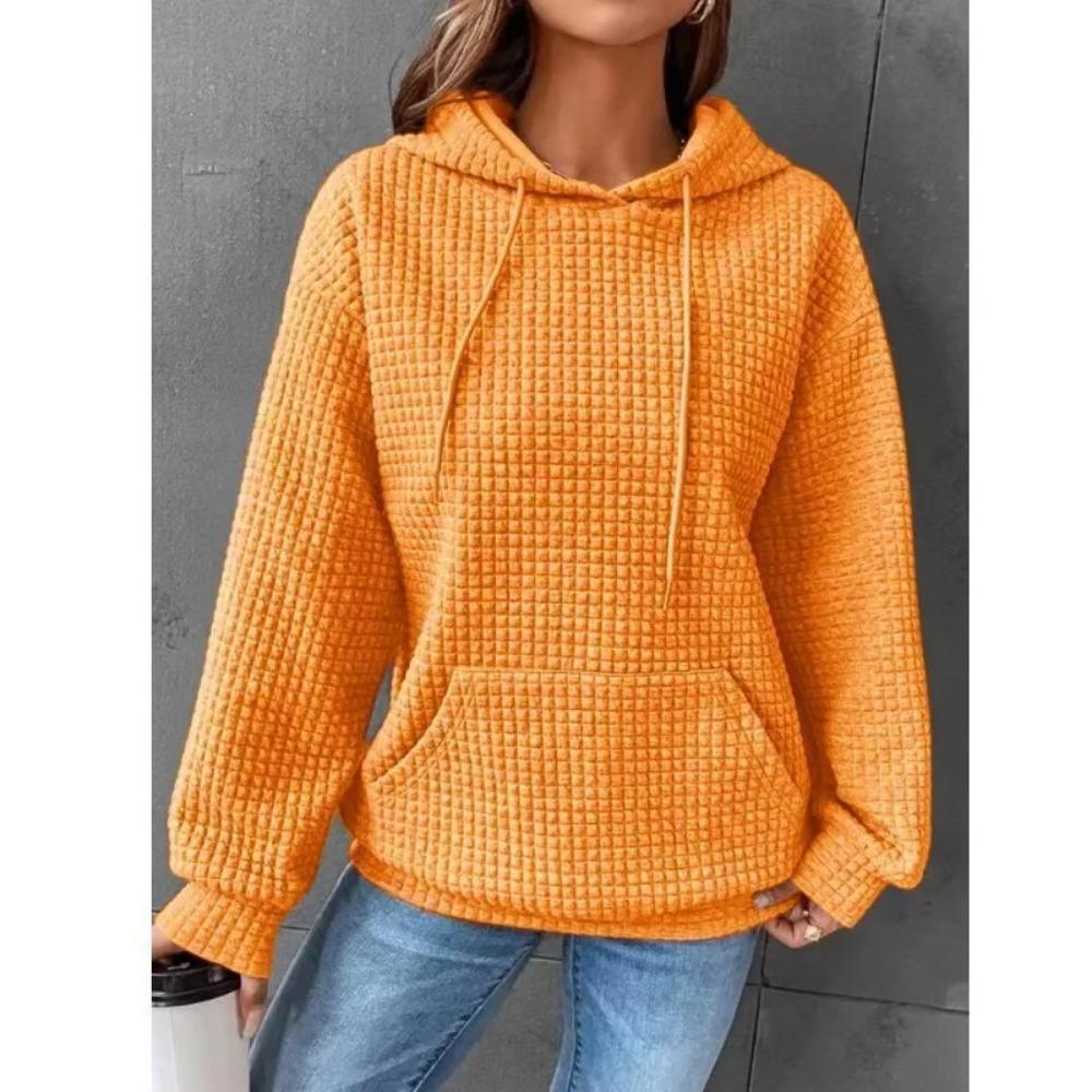 Women's Hooded Sweatshirt Spring and Autumn Style Waffle Fashion Beautiful Solid Color Hooded Drawstring Loose Sweatshirt