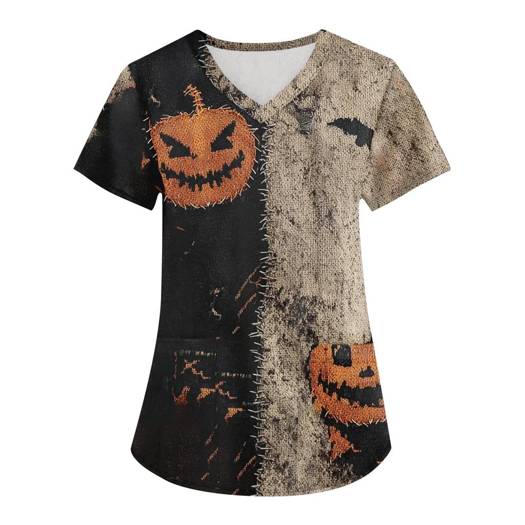Women's Printing Uniform Work Uniform V-neck Pockets Basic Short Sleeve Pullover Top