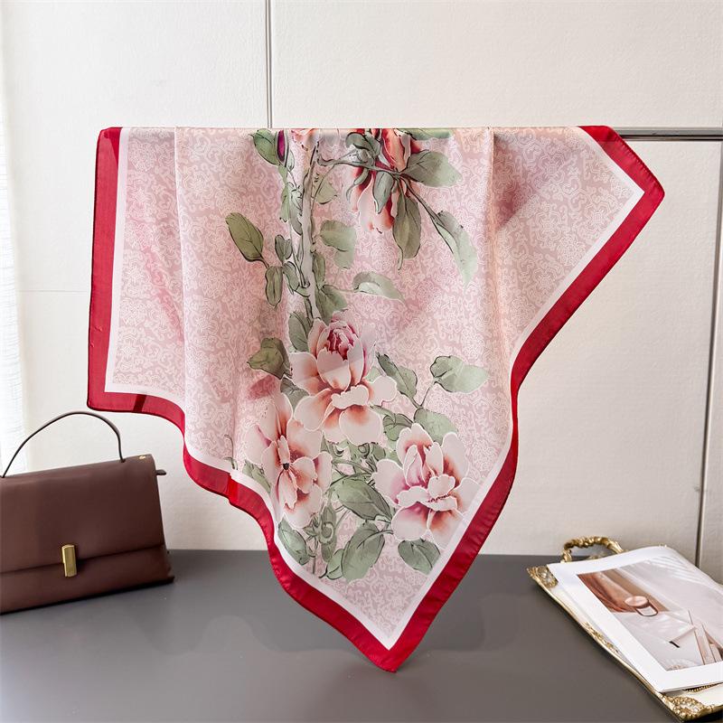 

Sweet National Style Printing Simulation Silk Scarf Square Scarf High-End Shawl Versatile Neck Small Square Scarf Headscarf Scarf Women unilateral 66-70CM