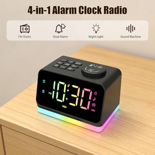 HUO JI Digital Alarm Clock with Large LED Screen, Adjustable Color & Brightness, Radio, 8-Color Dimmable Night Light, Nature Sounds, Sleep Timer, Doub