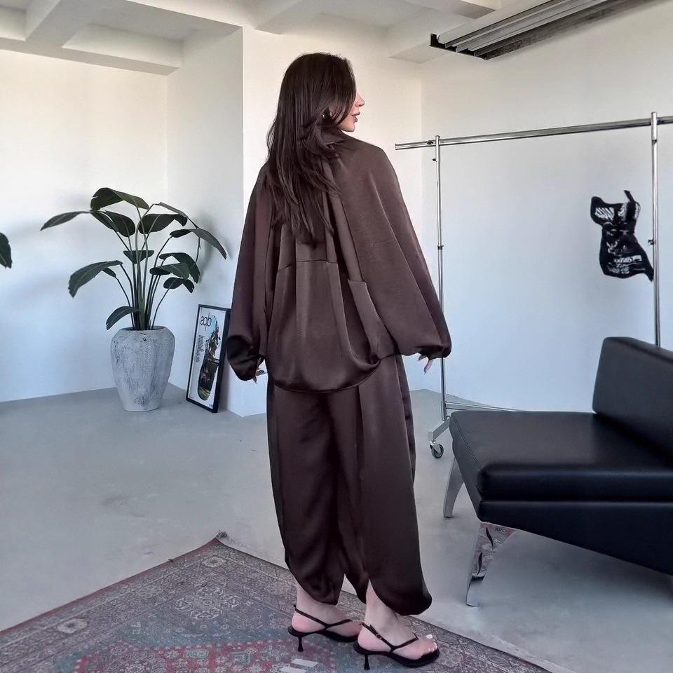 2025 Summer Women's Satin Long-Sleeve Jacket & Loose Pants Two-Piece Set - Commute Fashion