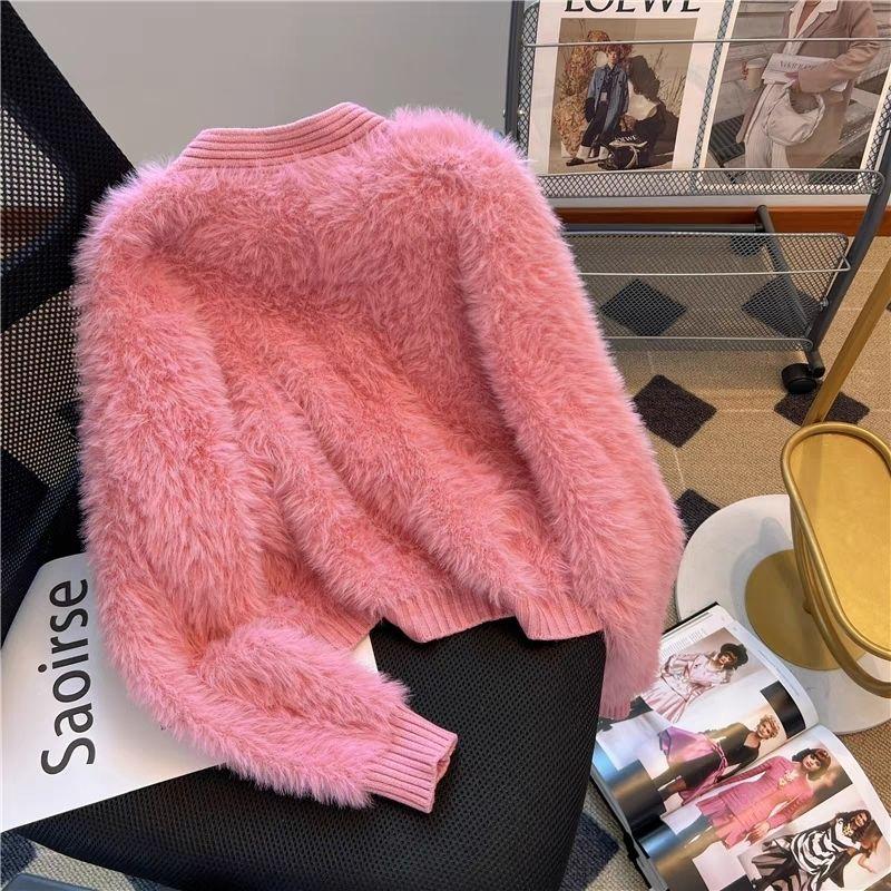 Autumn Winter Women V-neck Single Breasted Imitation Mink Fur Mohair Soft Knitted Sweater Cardigan Coat Jacket