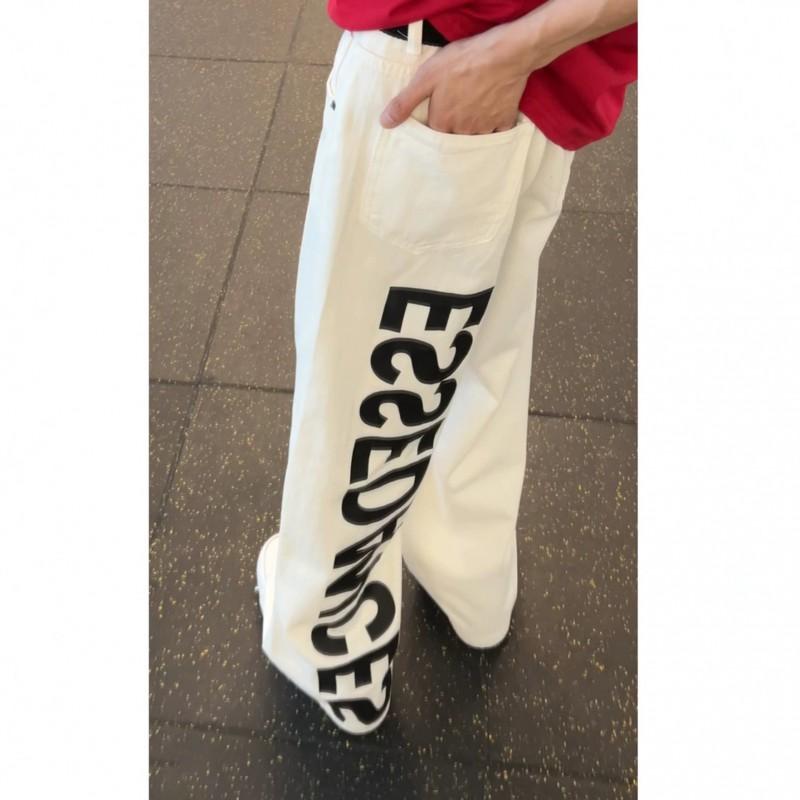 Mens White Wide Leg Jeans Letter Print High Waist Straight Pants American Streetwear Vibe