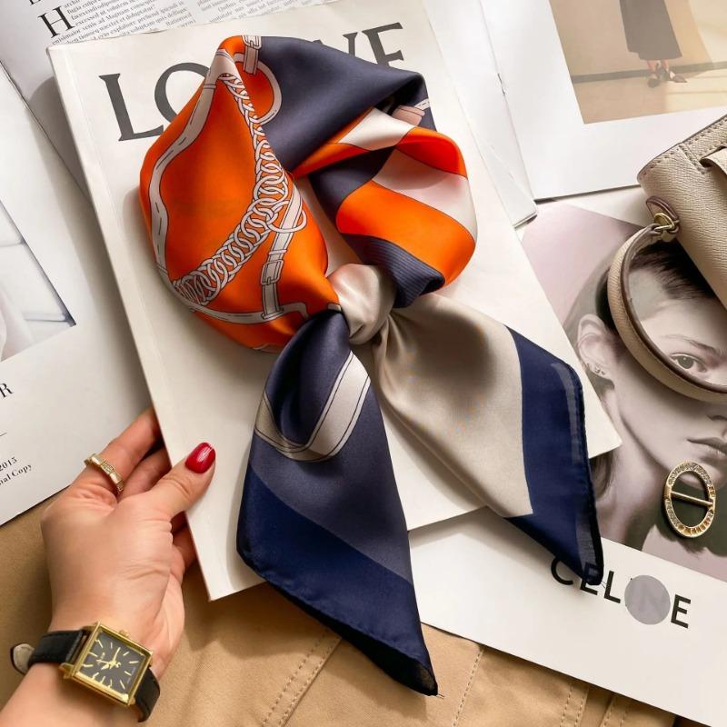 Luxury Brand 2024 Silk Square Scarf Women Cat Neck Hair Tie Band Beach Hijab Kerchief Head Headbands Bandana Female Foulard 70cm