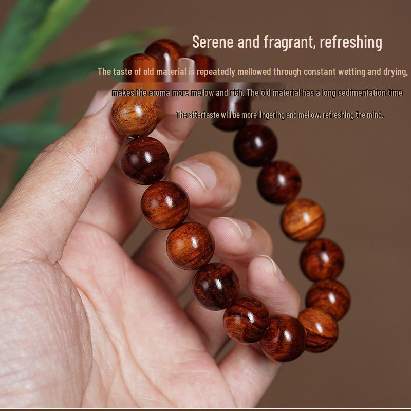 Authentic Tibetan Huanghuali Bracelet: Hainan Purple Oil Pear, Tiger Stripe, Natural Sandalwood Prayer Beads.