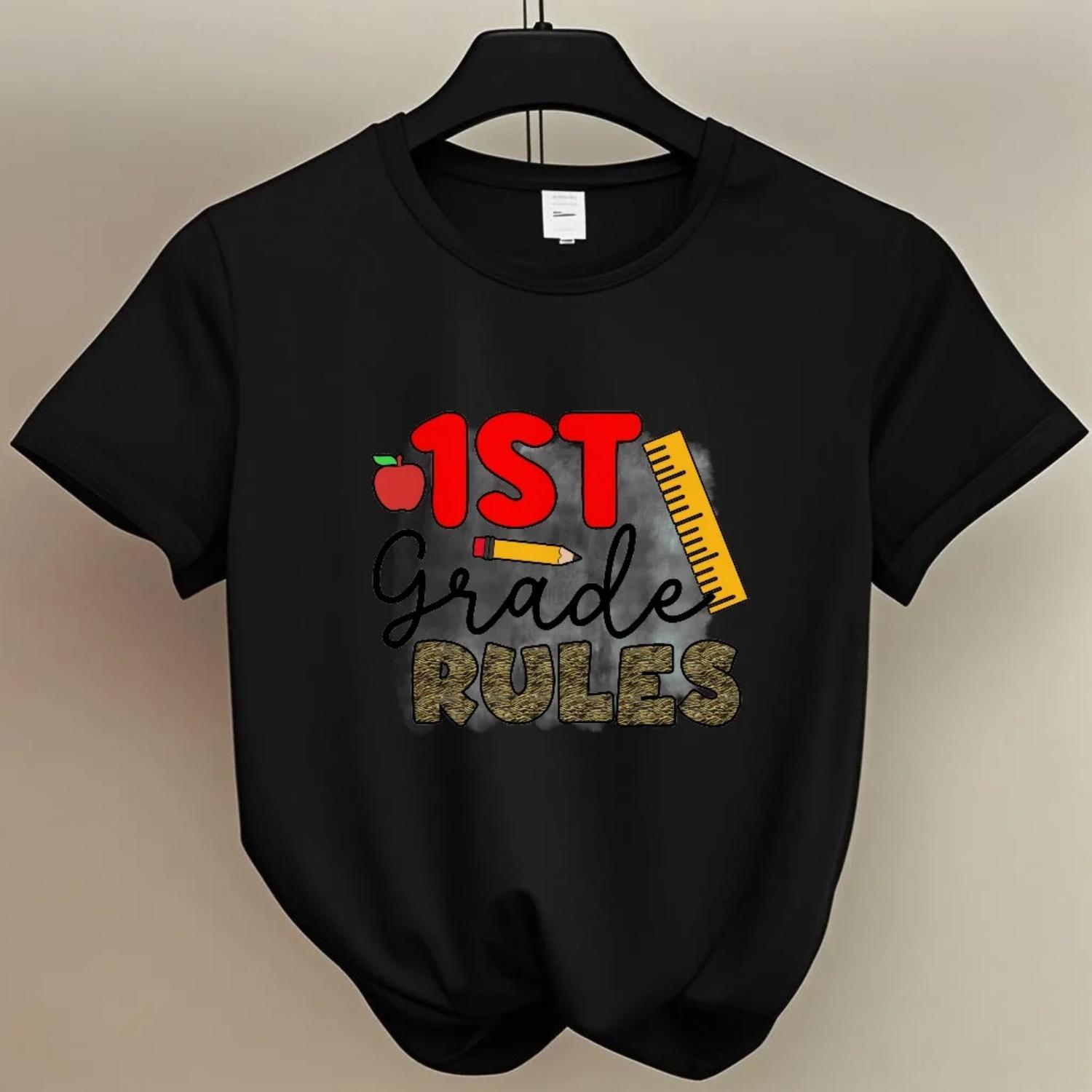 

Women s Short Sleeve T-Shirt 1ST Grade Rules School themed Print for to School Events Young Women with a Fun Energetic Style S чёрный