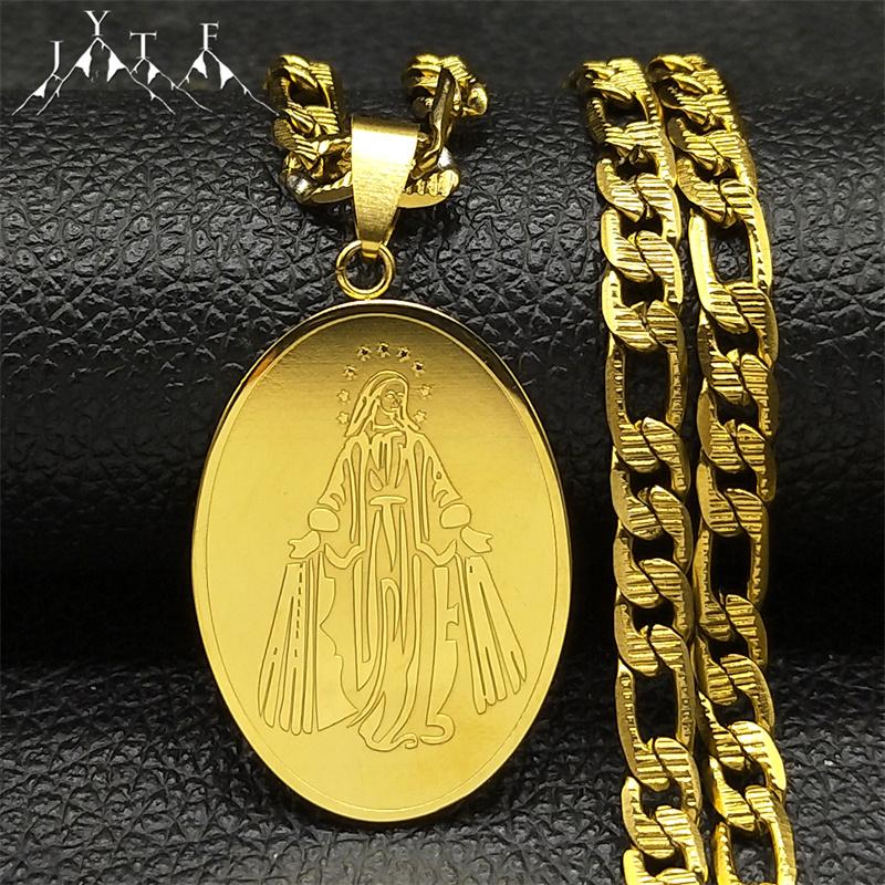 Stainless Steel Virgin Mary Oval Medal Statement Necklace for Women Men Gold Color Geometry Punk Chain Necklaces Jewelry2206