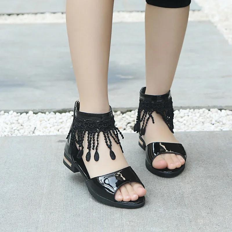 

*Baby Girls Princess Cute Kids Tassel Sandals Lace Stage Fish Mouth ZIP Elegant Comfortable Fashionable Spring/Summer Student 27Insole17cm чёрный