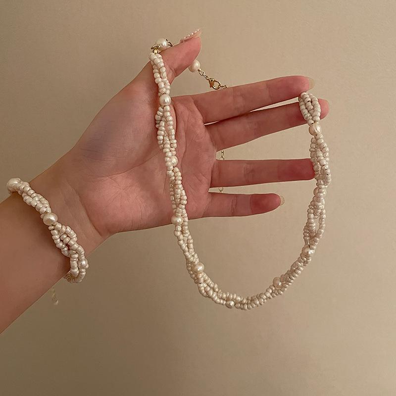 Wrapped Rice Bead Earrings Necklace Bracelet Set Light Luxury Clavicle Chain Temperament Stud Earrings