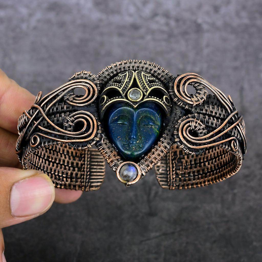 Cameo, Moonstone Handmade Copper Wire Wrap Cuff Bangle Adjustable Z1j73