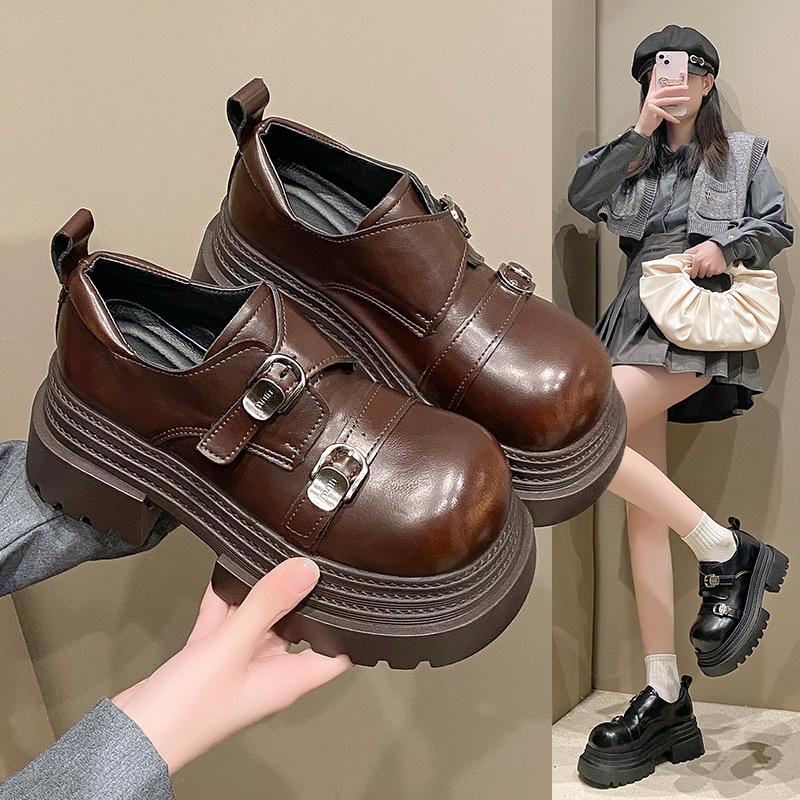 Spring New Wear British Style Small Leather Shoes Mary Jane Women's Coarse Heel Thick Soled Height Increasing Le Fu Shoes