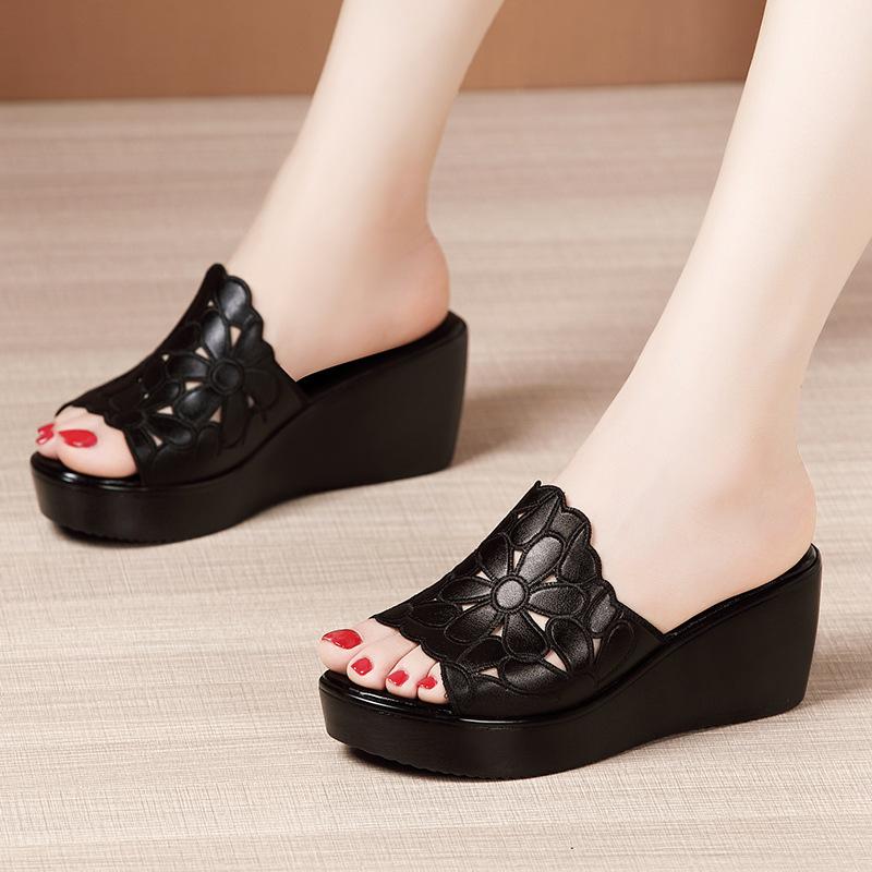 Platform Black Summer Women's Sandals PU Leather Wedges High Heel Hollow Peep Toe Female Ladies Shoes Beach Slippers Rome Style