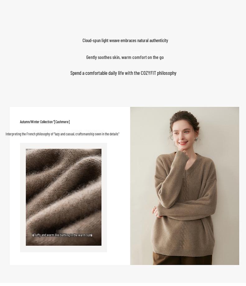 Women's V-Neck Cashmere Blend Pullover: Cozy Cable Knit Sweater for Autumn/Winter