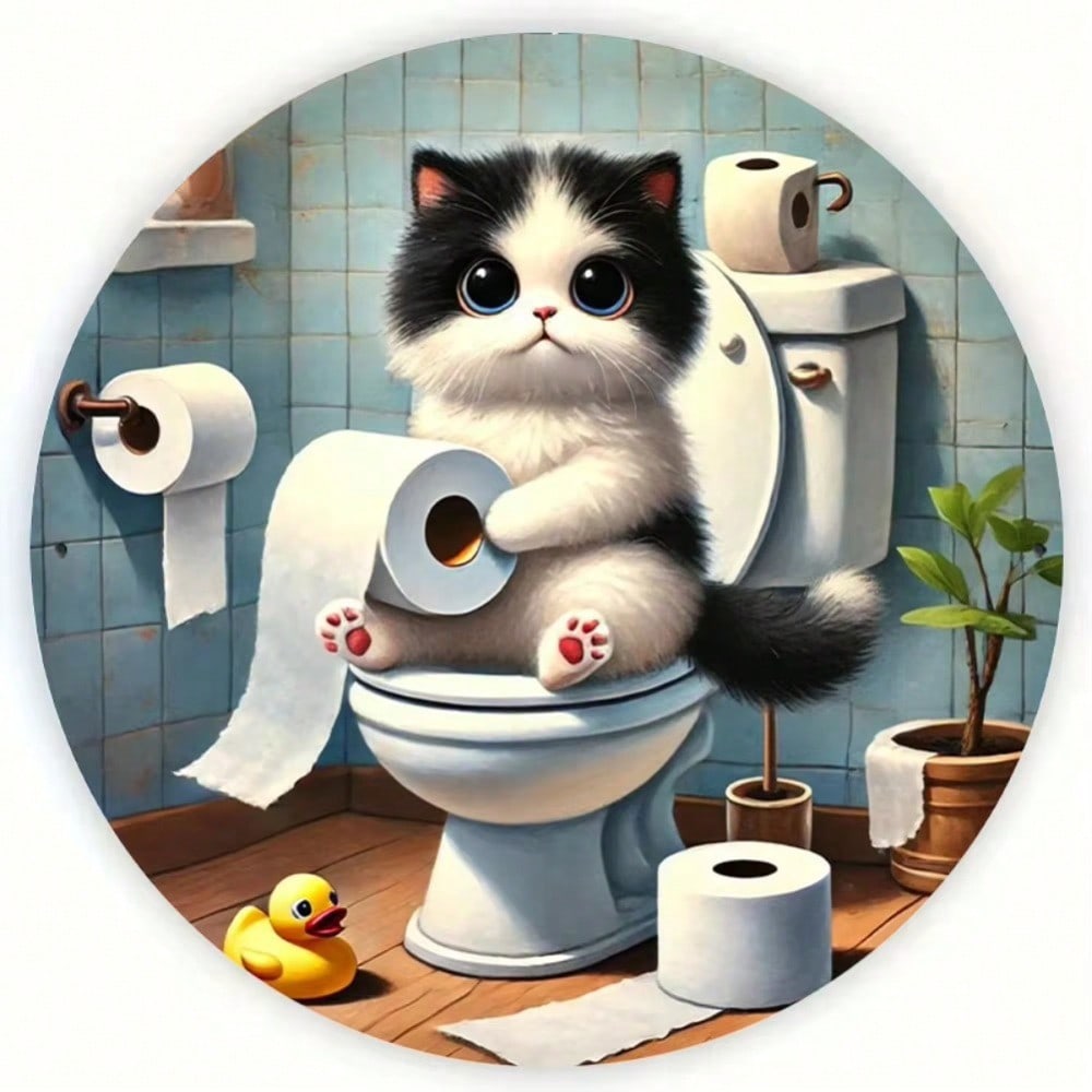 Vintage Cat On Toilet Round Metal Sign Retro Wall Art For Bathroom Decor