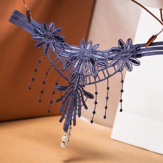 Women G-string Flower Embroidery Tassel Solid Color Hollow Out Faux Pearl Decor Spaghetti