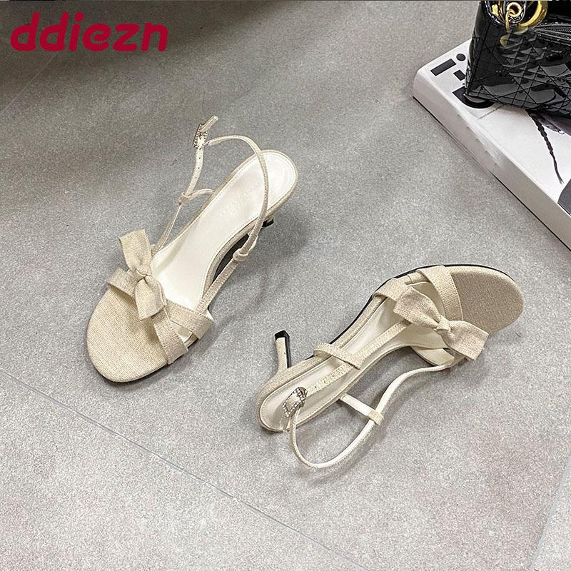 Fashion Fashion Round Toe Elegant Women Heeled Sandals Shoes Shallow Female Butterfly-Knot Ladies Medium Heels Sandals Shoes Pumps