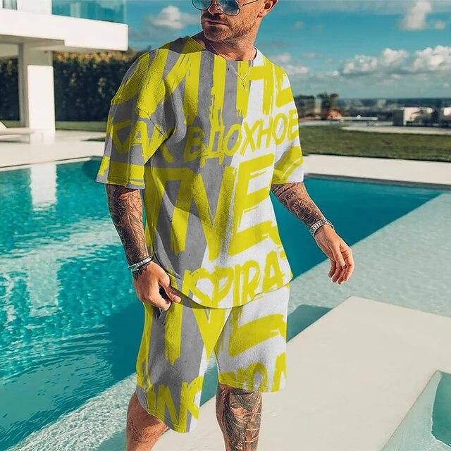 Men's Set Summer Casual Sportswear 3D Plus Size Beach Street Harajuku T-shirt Shorts Short Sleeve 2-Piece Set Personalized