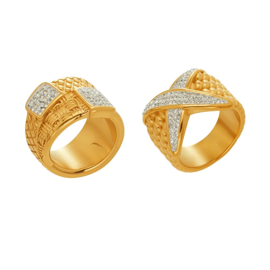 Luxury Retro Diamond X-Shaped Ring: Stainless Steel, Square Pattern, Fashionable & Versatile
