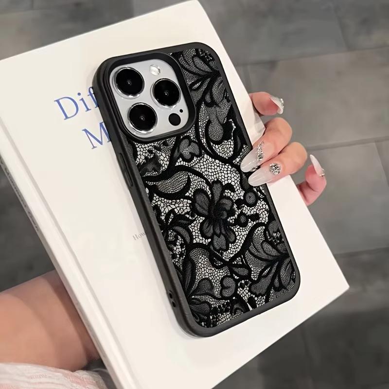 Custodia per Telefono Nera con Pizzo e Motivo Litchi per iPhone 17 Pro Max 16 Plus 15 14 13 12 11 XS XR X 1 Air Cover Morbido in Silicone Antiurto