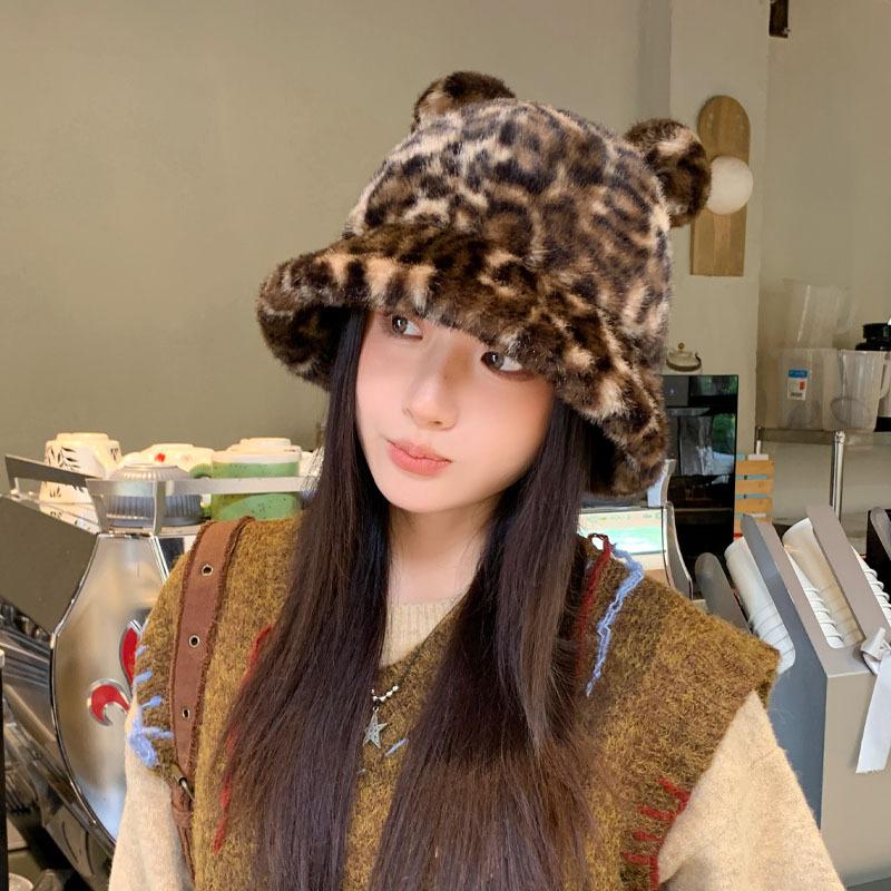 Autumn And Winter Leopard Print Plush Bucket Hat Cute Ears Warm Basin Hat Fashionable Wear Commuter Essential Hat