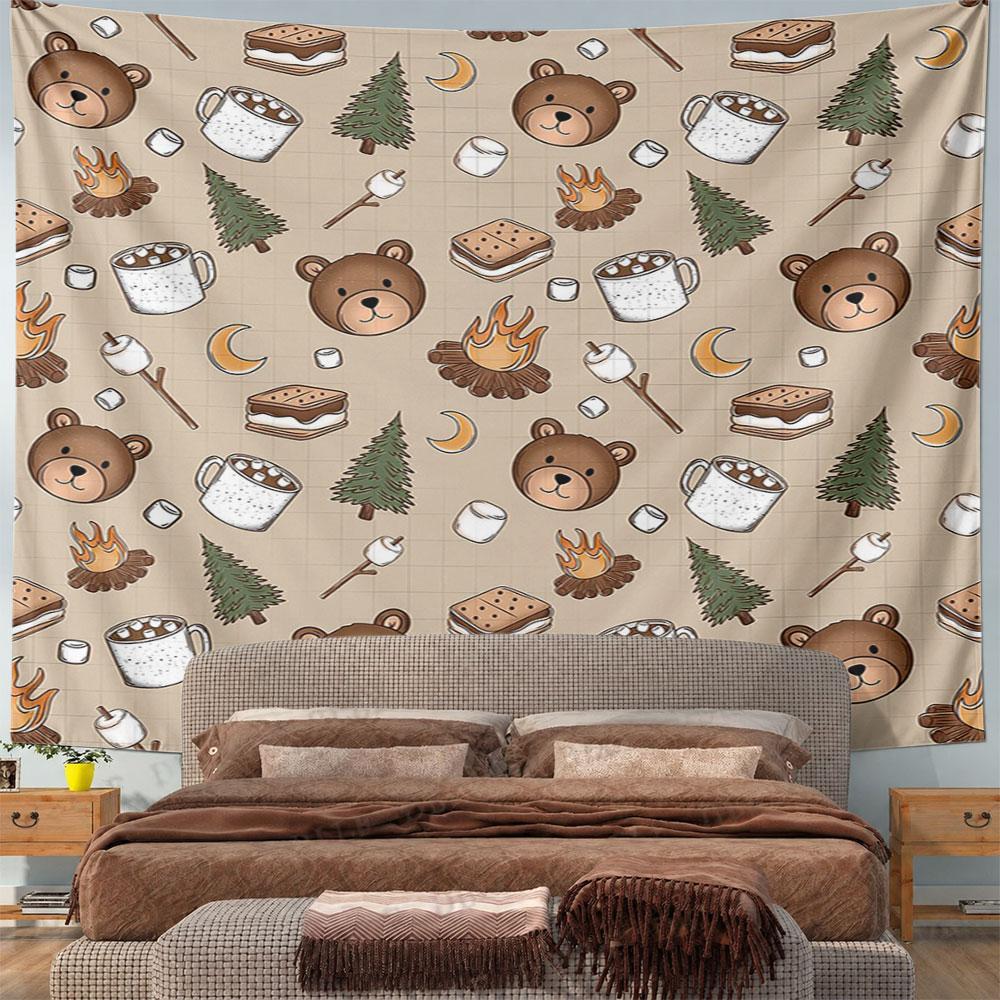 Camping Bears and Marshmallows Pattern Pattern Wall Hanging Tapestry Decorative Tapestry Home Decor for Bedroom and Living Room