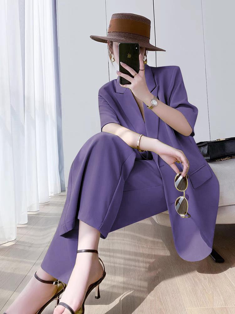 Plus Size 6681 Summer Slimming Wide-Leg Pants Two-Piece Suit for Women