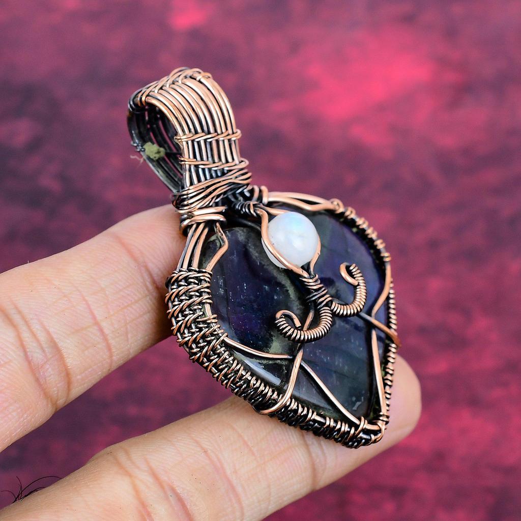 Labradorite Gemstone Pendant Copper Wire Wrapped Rainbow Moonstone Pendant