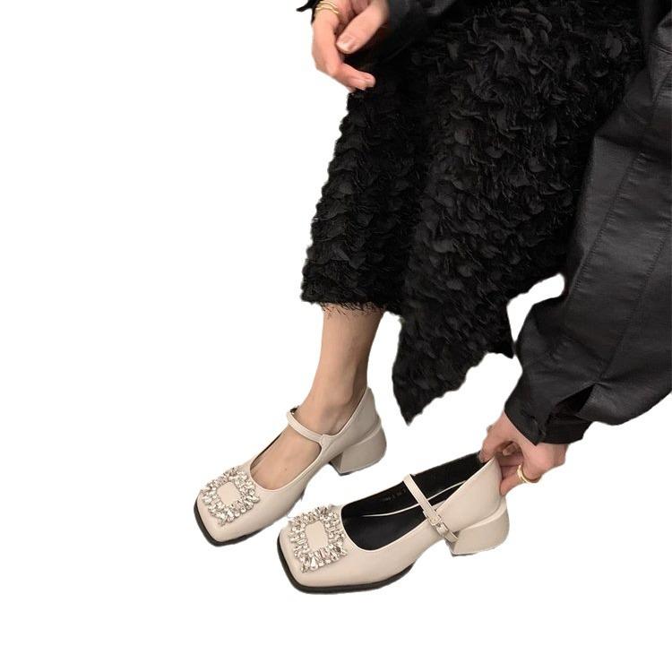 Französische Retro Dicke Ferse Strass Einzelne Schuhe Damen Herbst und Winter Neu Koreanische Version Temperament Später Abend Wind Fee Hoher Absatz Mary