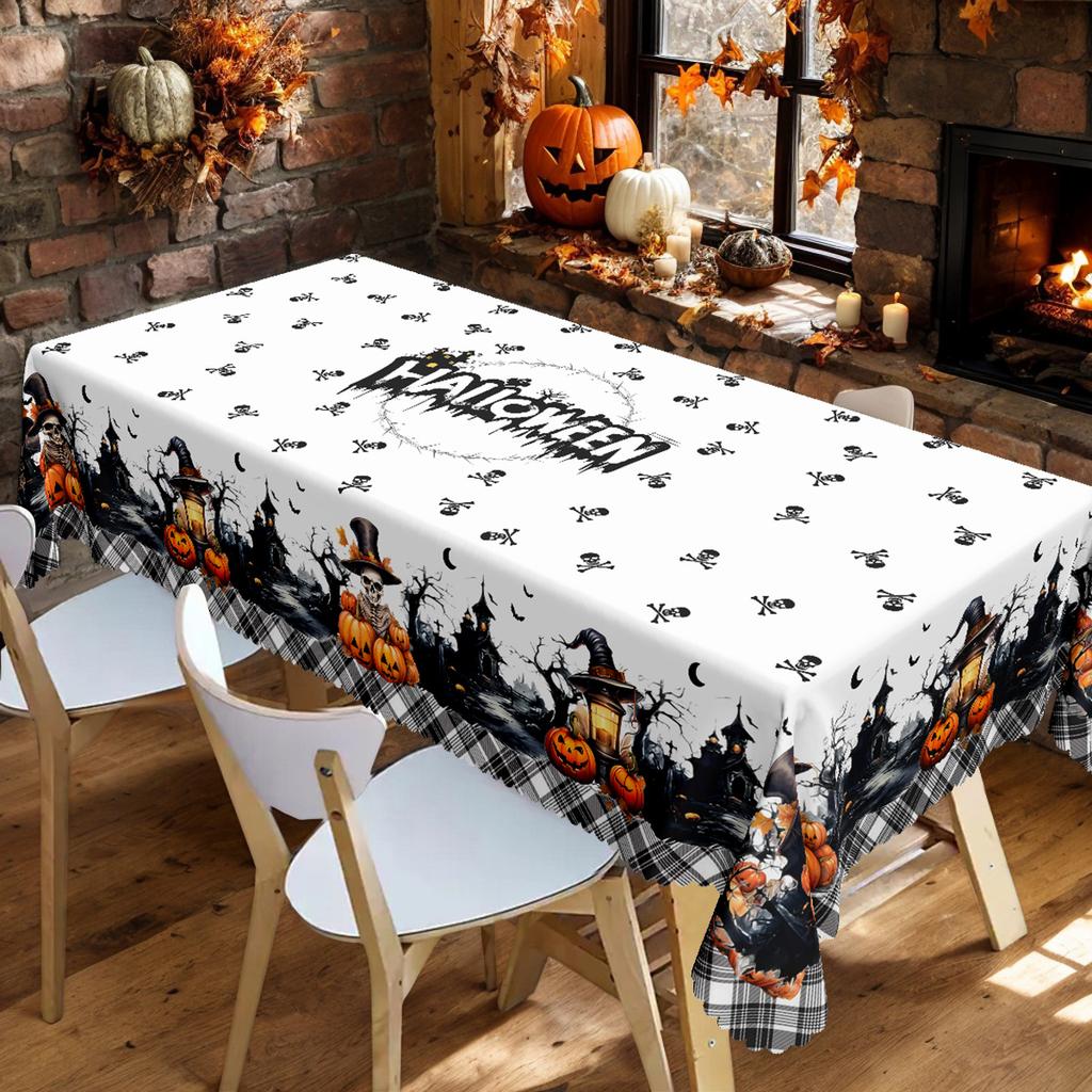 One polyester tablecloth, a retro Halloween-themed tablecloth, a tablecloth with a print of a pumpkin skull, bat, and castle.zyc