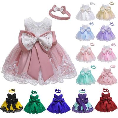 Infant Baby Dress with Bowknot Headband - Lace Fluffy Skirt for 100-Day To 1-Year-Old