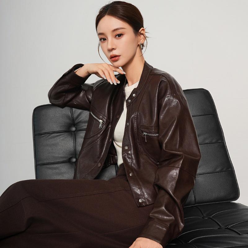 

Женская приталенная куртка из овчины - Мода Осень/Зима 2025, Универсальное повседневное пальто Medium коричневый