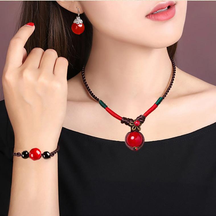 GEMCHIC Women's Vintage Ethnic Red Bean Glass Pendant Necklace Braided Rope Choker Collarbone Chain with Matching Earrings and Bracelet Set