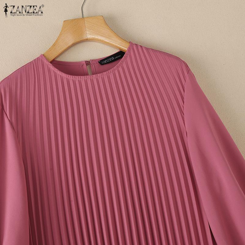 ZANZEA Women Casual Round Neck Long Sleeve Loose Irregular Pleated Blouse
