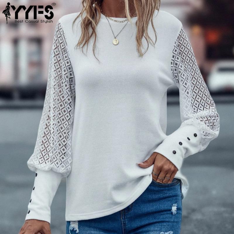 

YYFS женские модные повседневные весенне-осенние однотонные блузки и рубашки с круглым вырезом и длинными рукавами с принтом S белый