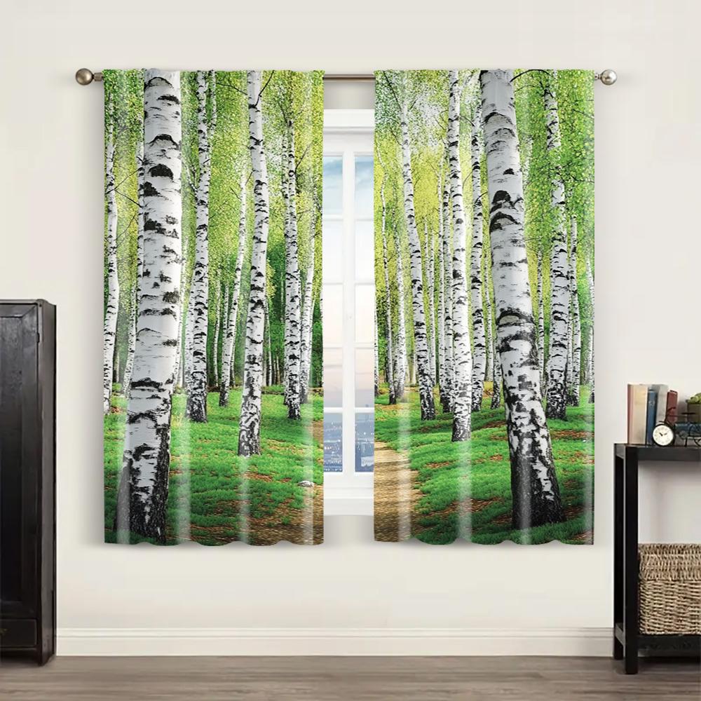 2pc,  Party Window Curtains Nature path birch forest early autumn woodland scenery Versatile Fabric,Without Electricity Family