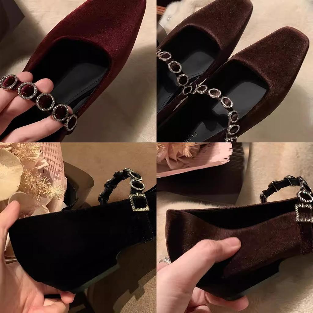 Genuine Leather~ Square Head Shallow Mouth High Heels One-word Diamond Belt Low Heel Suede Mary Jane Single Shoes