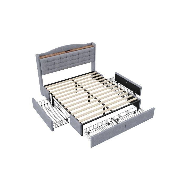 Lit capitonné - MUVOE - 140x200 cm - Tissu lin gris - 4 tiroirs - Port USB intégré