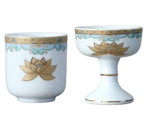 Namukuma-chan Workshop Set of 2: Medium Buddhist Altar Bowl and Tea Cup (1.6 inch) - Buddhist Altar Set with Gold Lotus Design - Porcelain - Rice Bowl