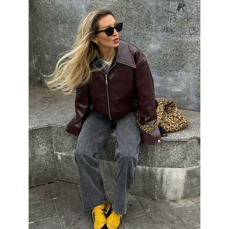 Normcore Retro Wine Red Loose Short Coat Leather Jacket