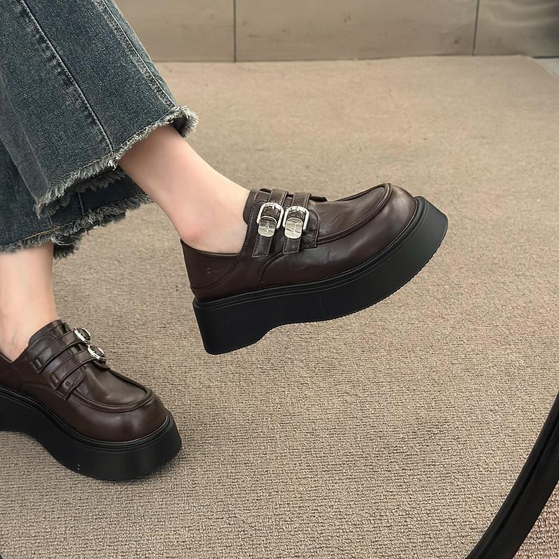 Black British high-heeled platform small leather shoes women's 2025 new summer French versatile retro heightening loafers