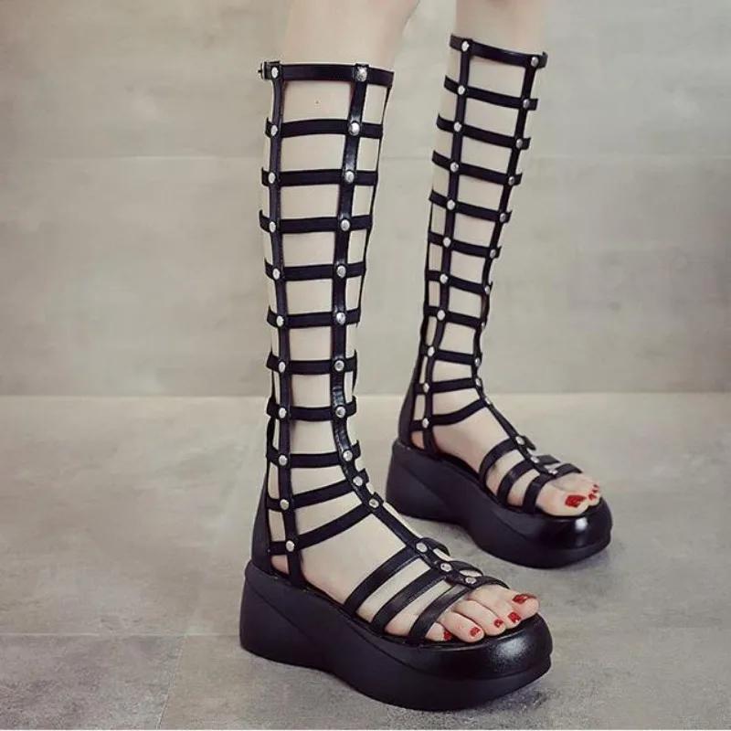 Fashion High Quality 2024 Roman Sandals Women Shoes Platform Mid Calf Summer Boots Womens Platform Heels 6cm Thick Heel Sandals Zip